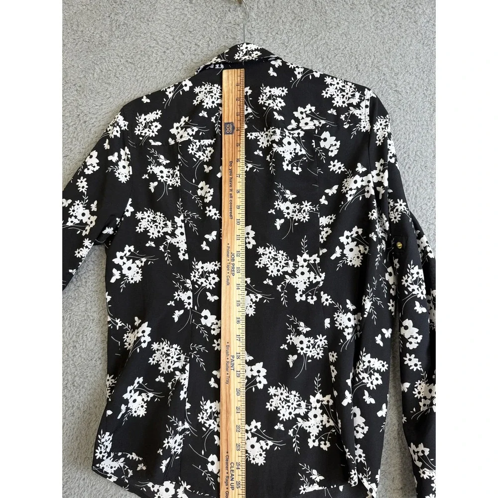 Michael Kors Jacket Womens Medium Black White Floral Full Zip Gold Accents Shirt
